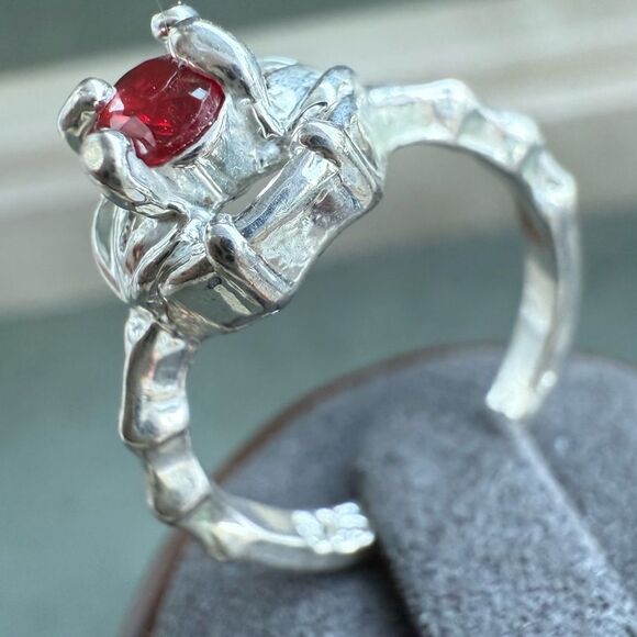 Silver Tone Ring with Bright Red Center Stone & Unique Textured Band - Picture 7 of 16